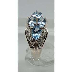 NOS Vintage Estate Blue Topaz Simulated Diamond Sterling Silver Ring Size 7.5